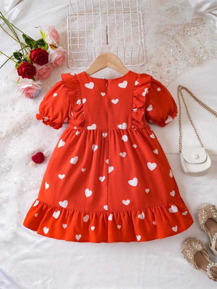 Young Girls' Woven Heart Patterned Dress With Ruffle Trim And Puff Sleeves