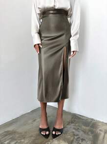 EURMUSE Solid Color High Split Women's Skirt - Dark Green - View 4