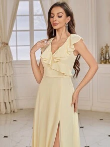 SHEIN Belle Adult V-neck Chiffon Bridesmaid Dress With Ruffle Edge - Yellow - View 5