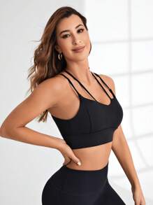 Easithlete Women's Plain Cross Back Sports Bra With Backless Design - Black - View 4