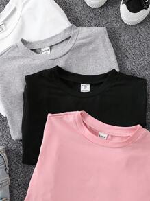 SHEIN Vintaside Kids 4pcs Girls Short Sleeve T-Shirt Value Pack, Multiple Colors, Classic Crew Neck Style, Soft & Skin-Friendly, Suitable For Daily Wear - Multicolor - View 5