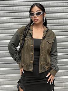 SHEIN EZwear Women's Hooded Drop Shoulder Denim Jacket - Green - View 1