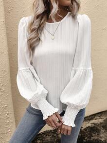 SHEIN LUNE Textured Chất vải Tay áo lồng đèn Áo sơ mi - trắng - Xem 5