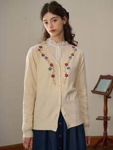 Simple Retro Cárdigan De Punto Con Botones Y Cuello En V Bordado De Viscosa - Amarillo - Ver 5