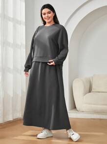 Mulvari Plus Size Women's Side Button Sweatshirt And Skirt Set - Dark Grey - View 3