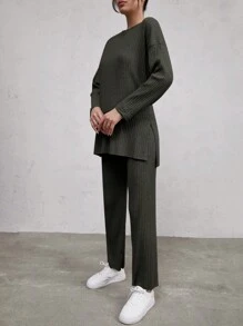 Cloudara Drop Shoulder Split Hem Tee & Trousers - Green - View 3