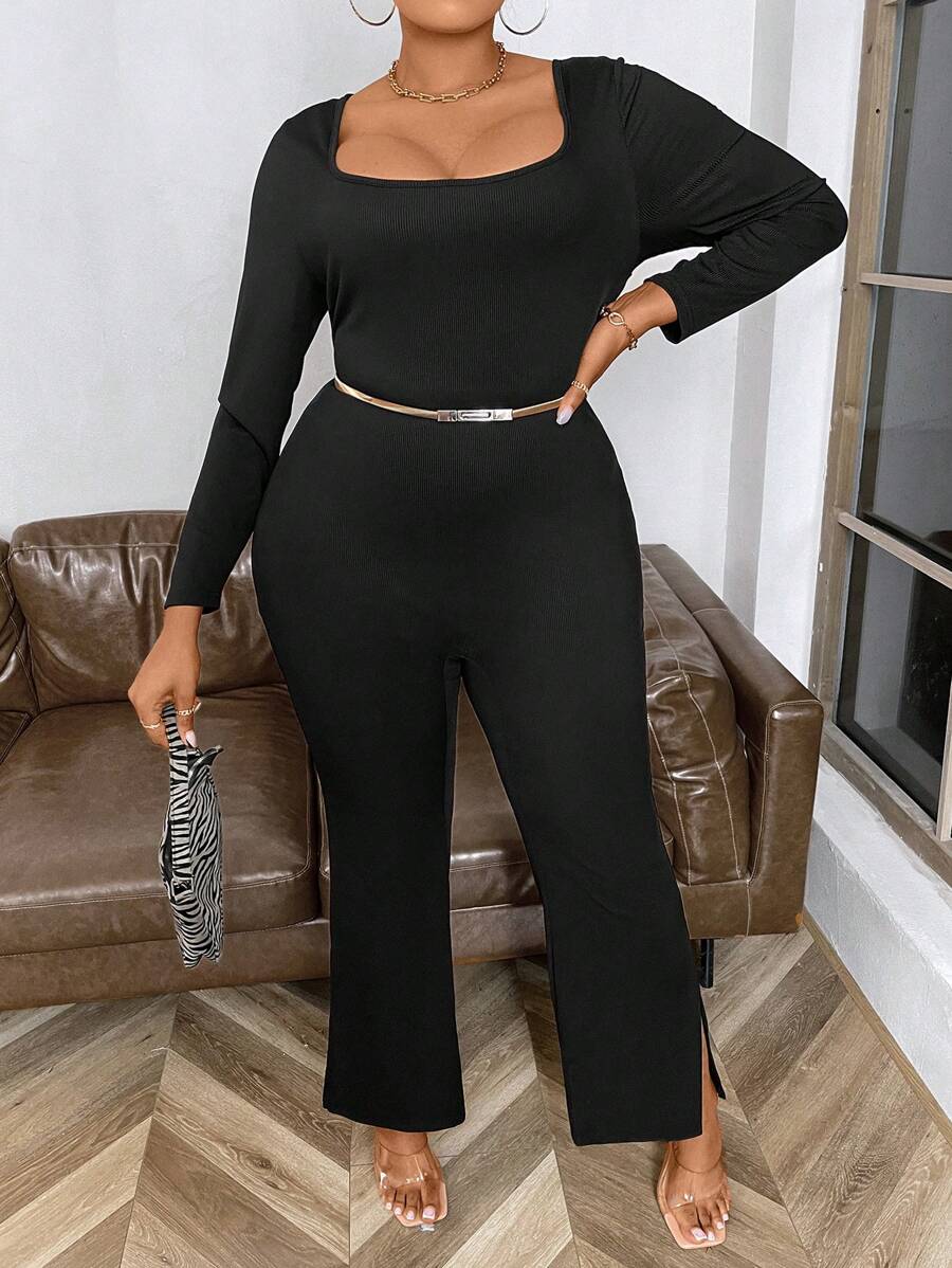 Maweii 女士加大碼純色寬褲連身裝,高領分叉款式 - 黑色 - 查看 1