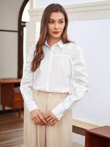 Anewsta Women's Collared Long Sleeve Pleated Shirt Fall Cloth For Women