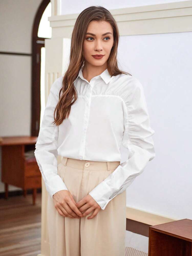 Women's Collared Long Sleeve Pleated Shirt Fall Cloth For Women
