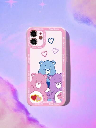 ROMWE X Care Bears Carcasa De Teléfono Rosa Pintada Con Corazón Arco Iris Y Oso, Compatible Con La Serie De Teléfonos Iphone12 13 14, Cubierta Protectora