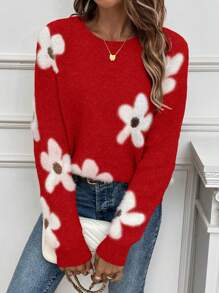 SHEIN LUNE Giải trí Thả vai Áo len Với Hình hoa - Đỏ - Xem 6