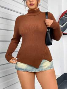Flirla Plus Size High Neck Sweater Knit Pullover Fall Winter Outfit