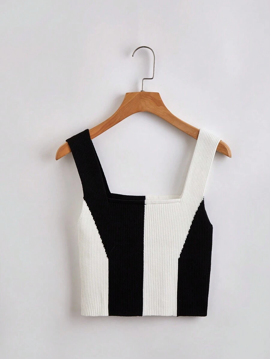SHEIN Essnce Blusa De Punto De Mujer Con Rayas Y Bloques De Color En Relieve - Blanco y Negro - Ver 1