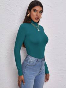 Cloudara High Neck Form Fitted Tee - Dark Green - View 4