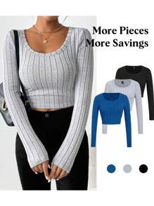 SHEIN Essnce 3pcs/set Solid Color Round Neck Long Sleeve T-shirt