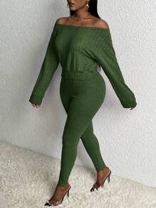 Slaydiva Ladies' Solid Color Off Shoulder Top With Leggings, 2pcs/Set - Green - View 5