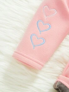 SHEIN 女宝宝可爱心形刺绣保暖内衬厚款紧身裤打底裤 - 粉色 - 查看 4