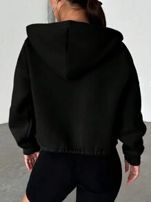 EURMUSE Women's Hooded Sweatshirt With Drop Shoulder And Drawstring Design - Black - View 2