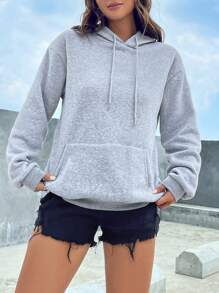 INAWLY Kangaroo Pocket Drop Shoulder Drawstring Hoodie,Long Sleeve Tops - Grey - View 5