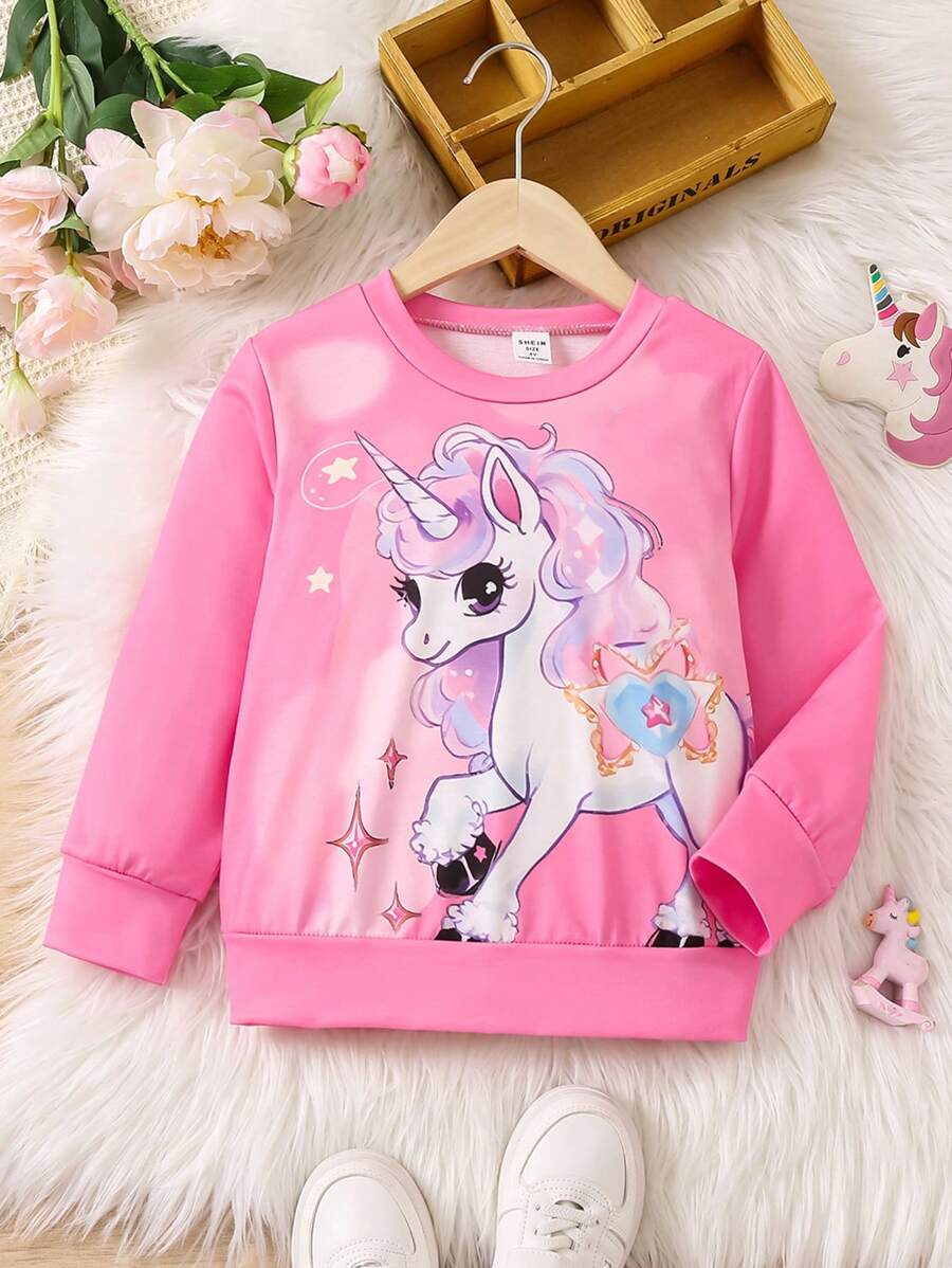 SHEIN 幼兒女童可愛的獨角獸聖誕長袖汗衫,適用於秋冬季節 - 彩色 - 查看 1