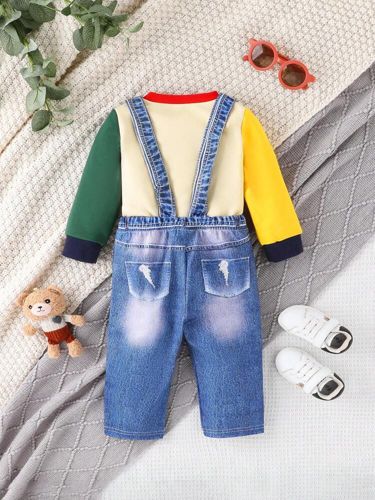 2pcs/Set Baby Boys' Sweatshirt And Denim Effect Digital Printed Overalls, Fashionable And Personalized, For Autumn And Winter