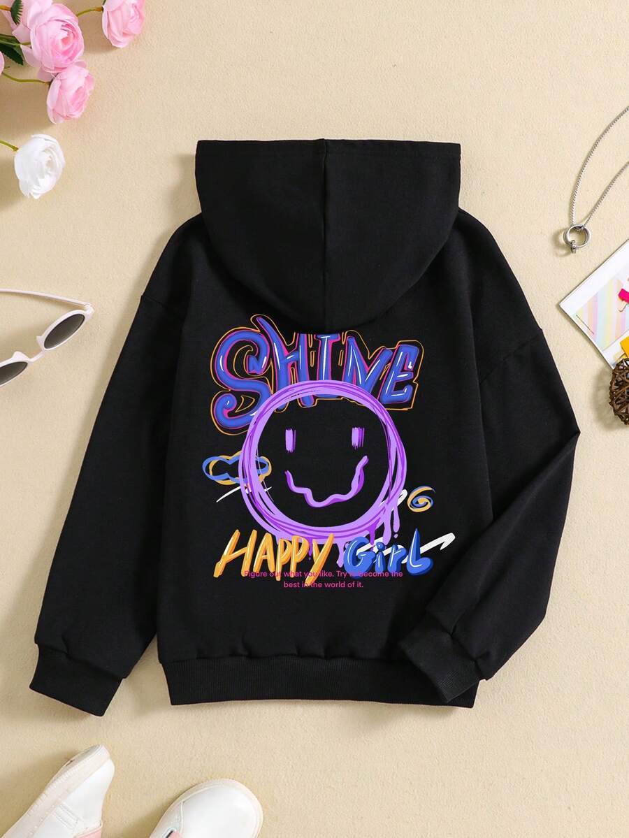 SHEIN Áo nỉ in hình hoạt hình dành cho bé gái tuổi teen - màu đen - Xem 1