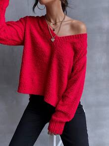 SHEIN LUNE Giải trí Màu thuần Cổ chữ V Thả vai Lỏng lẻo Áo len dệt kim - Đỏ - Xem 3