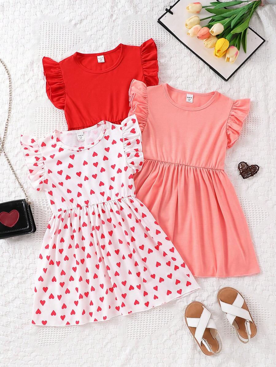 SHEIN Young Girl Heart Ruffle Trim Dress 3pcs/Set For Autumn And Winter