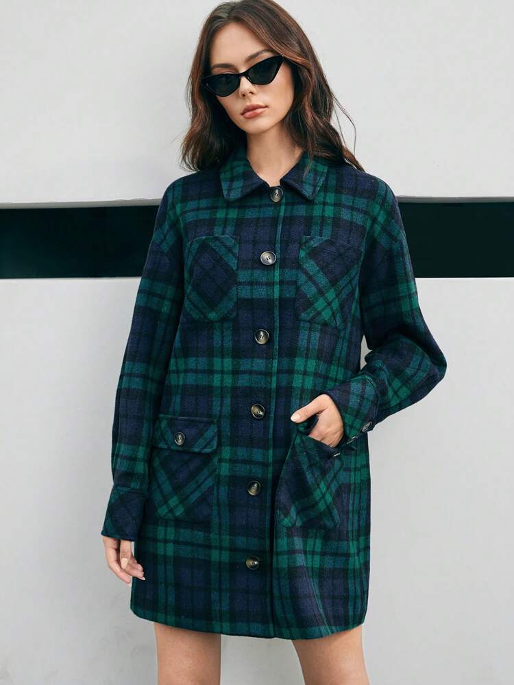 Women's Plaid Shirt-style Woolen Coat