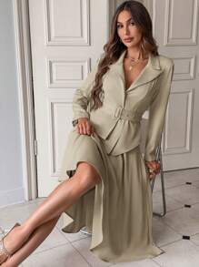 SHEIN Privé Của phụ nữ Sắc Cổ áo tây Thắt lưng áo & Váy Bộ đồ Bộ - Màu Khaki - Xem 1