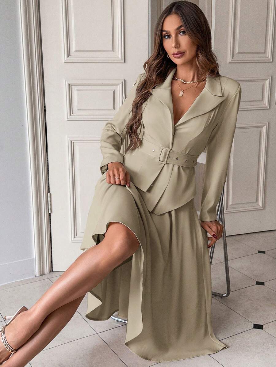 SHEIN Privé Của phụ nữ Sắc Cổ áo tây Thắt lưng áo & Váy Bộ đồ Bộ - Màu Khaki - Xem 1