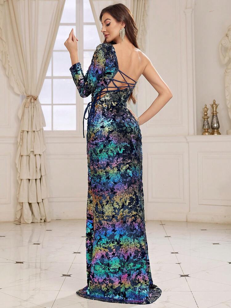 Women's Heavy Work Gradient Sequin Fabric One Shoulder Slit Evening Dress With Back Tie Design