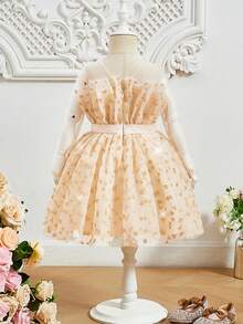 SHEIN 小女孩公主風格網紗a字裙裙,帶蝴蝶結,合身舒適 - 杏色 - 查看 3