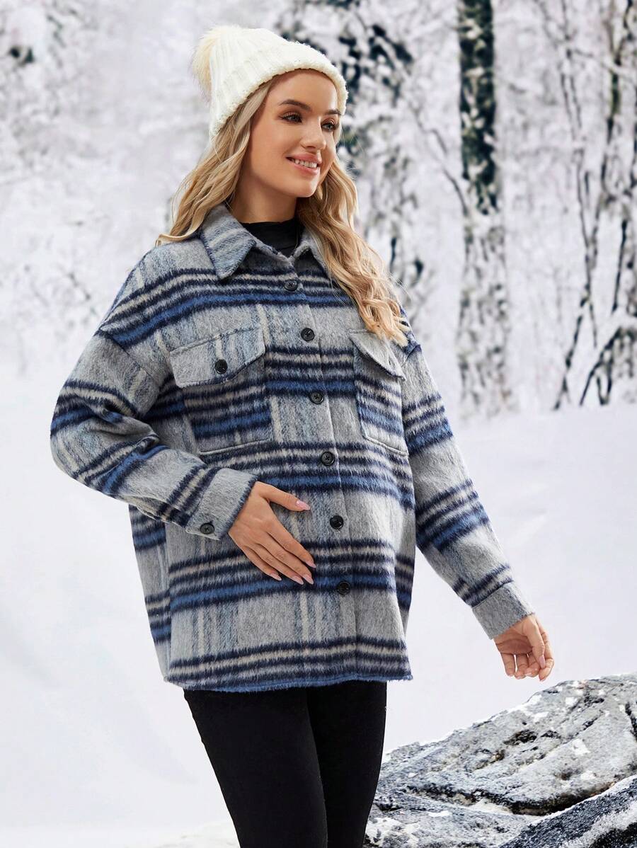 SHEIN Áo khoác kiểu áo sơ mi kẻ sọc thả vai cho bà bầu, mùa đông - Màu xanh lam - Xem 1