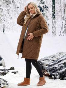 SHEIN Pregnant Women's Hooded Quilted Jacket With Check Pattern For Maternity - Brown - View 3