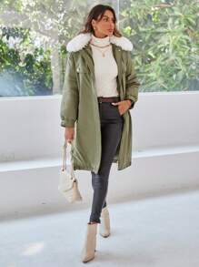 SHEIN Essnce 中长款毛领夹棉大衣，休闲撞色设计，冬季 - 綠色 - 查看 4
