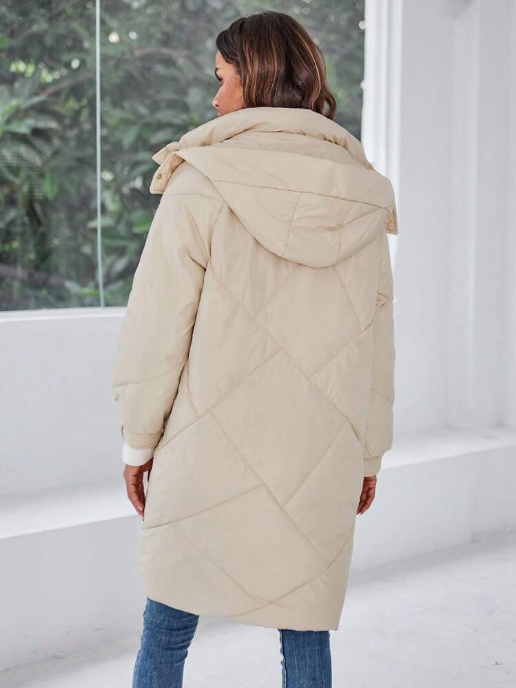 SHEIN EZwear Manteau matelassé à capuche de couleur unie simple, vêtements d'hiver décontractés - Beige - Voir 2