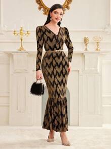 Modelyn Ladies' Allover Printed Puff Sleeve Mermaid Hem Dress - Black - View 1