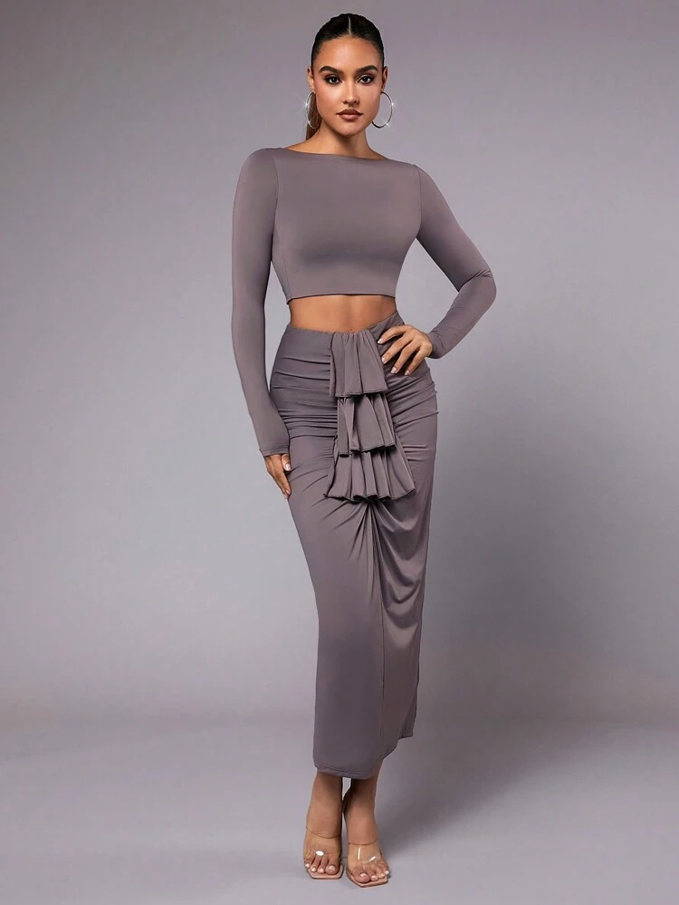 Valentine's Day And New Year'S Eve High-End Elegant Gray Backless Round Neck T-Shirt And Ruffled Decorative Long Skirt Women Two-Piece Set