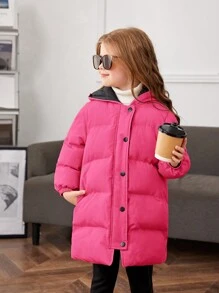 SHEIN Áo khoác dài vừa vặn có mũ trùm đầu màu trơn cho bé gái - Màu Hồng Tươi - Xem 3