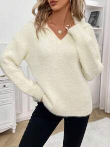 SHEIN Frenchy 女用翻領落肩毛衣 - 杏色 - 查看 4