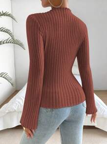 SHEIN Essnce 女士針織上衣,扇形袖和肋紋細節 - 紅木色 - 查看 2