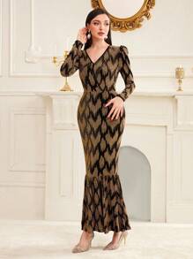 Modelyn Ladies' Allover Printed Puff Sleeve Mermaid Hem Dress - Black - View 5