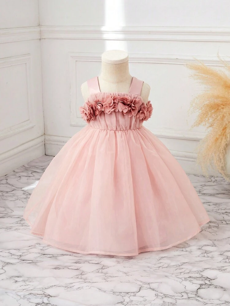 Baby Girls' Gorgeous 3d Flower Patchwork Organza Dress With Vest Design