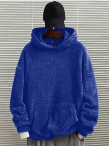 Manfinity 男式寬鬆長袖貼娃娃外套,帶有字母刺繡的連帽 - 藍色 - 查看 4