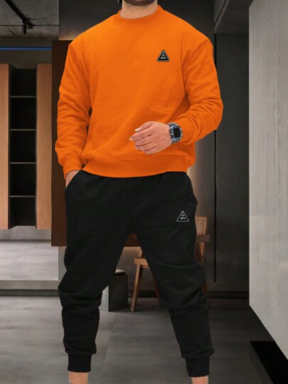 Manfinity Homme Men's Letter Printed Sweatshirt And Sweatpants Casual Two-Piece Set, Men 2 Pieces Outfits Orange, Men's Orange Sweatshirt And Black Joggers Set, Fall Clothes