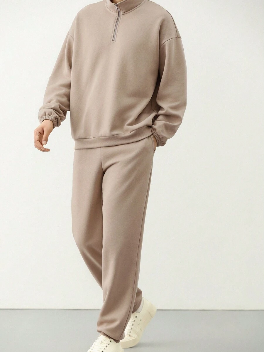 DAZY Long Sleeve Pullover And Pants Men's 2-Pcs Outfit Quarter Zip Men - Khaki - View 1