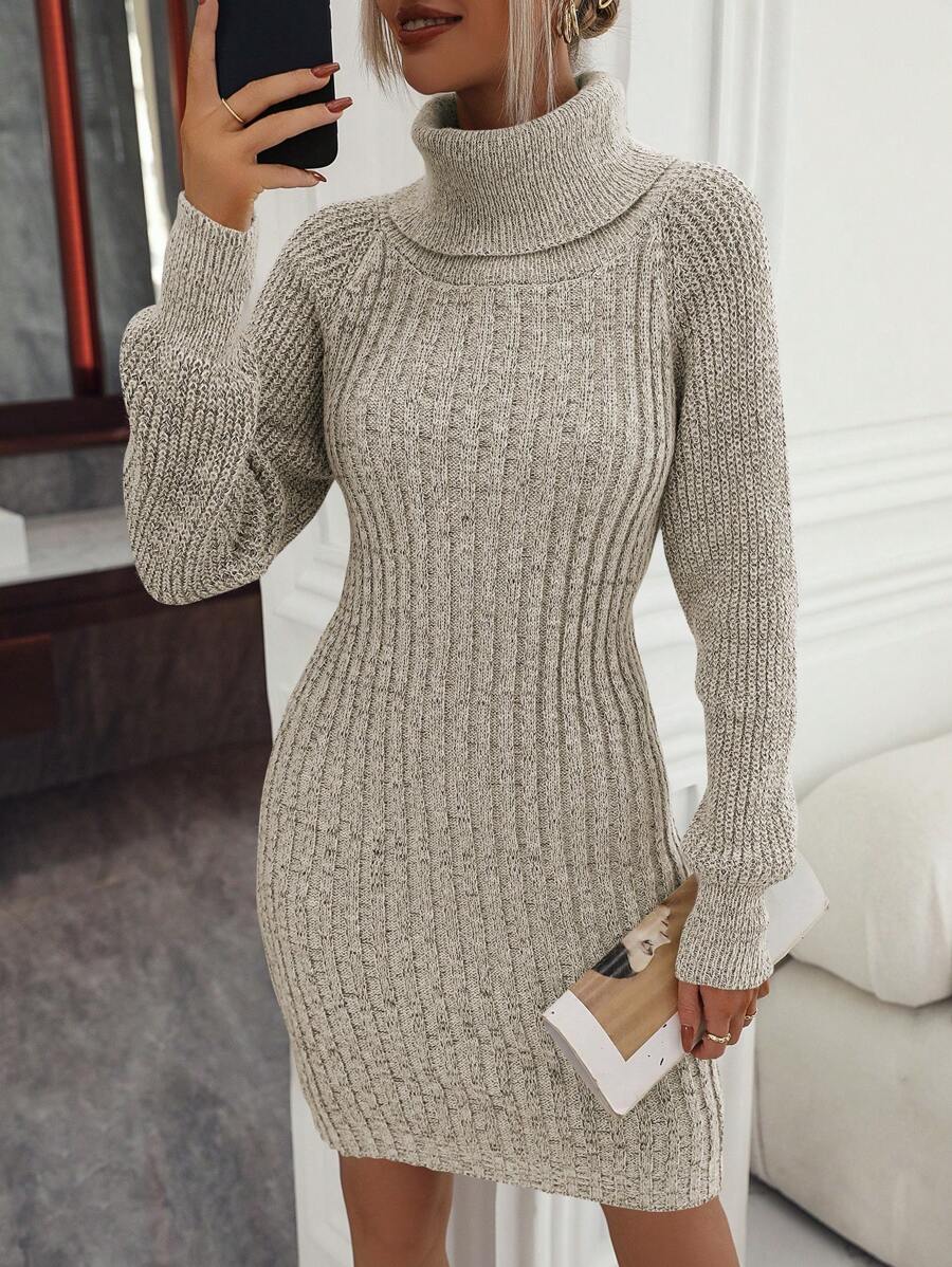 SHEIN Frenchy Cổ cao Dệt kim gân sọc Đầm Áo len Với Tay Raglan - Lạc đà - Xem 1
