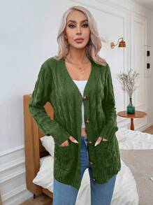 SHEIN Essnce Của phụ nữ Tay áo dài Nút phía trước Áo len Mở - xanh quân đội - Xem 3