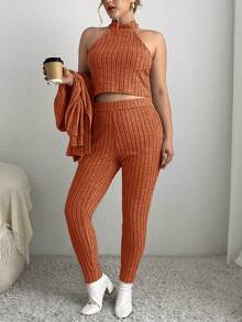 SHEIN Essnce Plus Size 3pcs Solid Color Ribbed Knitwear Set - Rust Brown - View 6